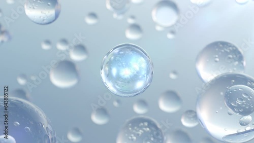 3D animation of multiple atoms floating in water. Particles inside a liquid bubble, cosmetic essence, and a liquid bubble on a background of water.