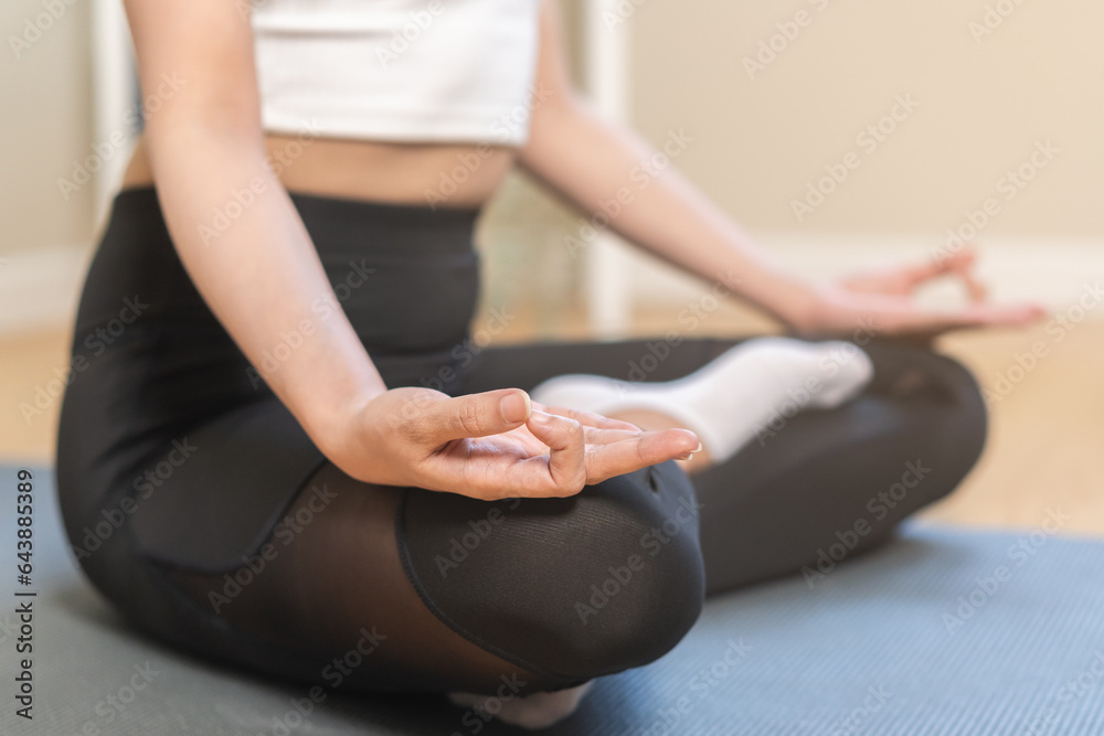 Fototapeta premium Workout, calm asian young woman, girl hand in calm pose sitting practice meditating in lotus position on mat at home, meditation, exercise for wellbeing, healthy care. Relaxation, happy leisure.