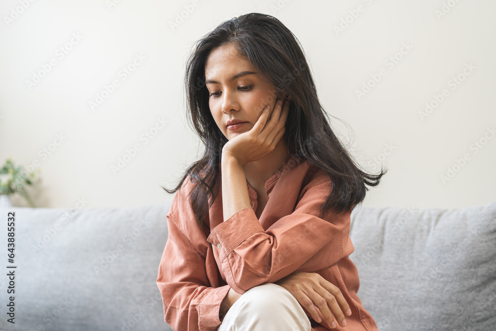 Sad, unhappy. Alone asian young woman, girl expression face thinking about problem, difficulty, feeling failure and exhausted, suffering from loneliness, grief sorrow and bad relationship or break up. Sad, unhappy. Alone asian young woman, girl expression face thinking about problem, difficulty, feeling failure and exhausted, suffering from loneliness, grief sorrow and bad relationship or break up.