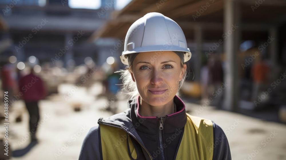 Portrait of a woman at a construction site overseeing complex projects ensuring structural integrity