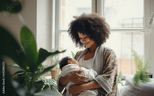 Black african american dark-skinned happy loving mother takes care of her newborn at home