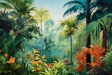 Vibrant painting of tropical jungle scenery, featuring lush green foliage, vibrant plants, and palm trees against a bright, empty backdrop. Generative AI