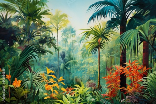 Vibrant painting of tropical jungle scenery  featuring lush green foliage  vibrant plants  and palm trees against a bright  empty backdrop. Generative AI