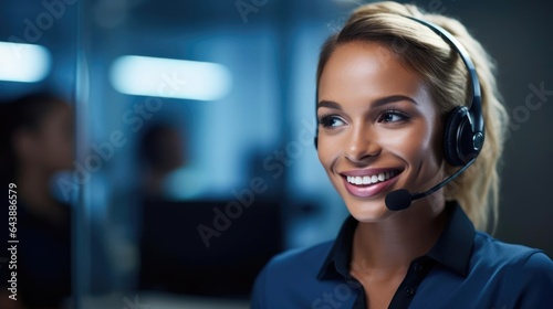 Vászonkép Portrait of a woman at a helpdesk patiently guiding users through technology cha