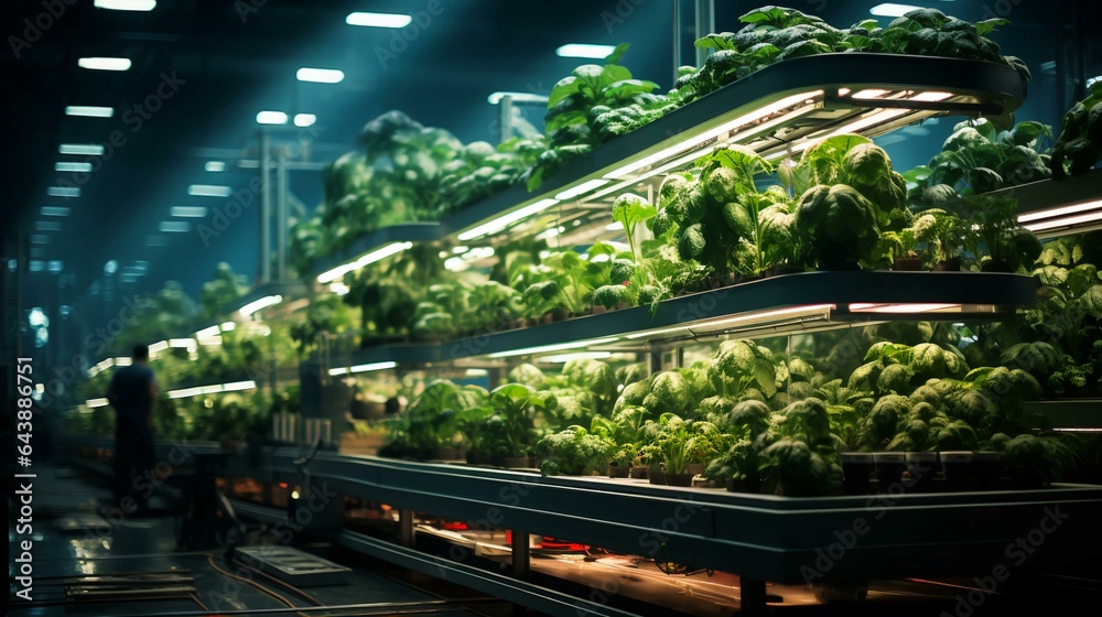 Green eco-friendly hydroponic farm for growing greens and plants in artificial conditions