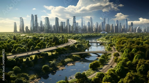 Green environmentally friendly city of the future with many green plants and alternative energy