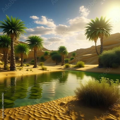 An oasis in the desert with palm trees. © 0635925410