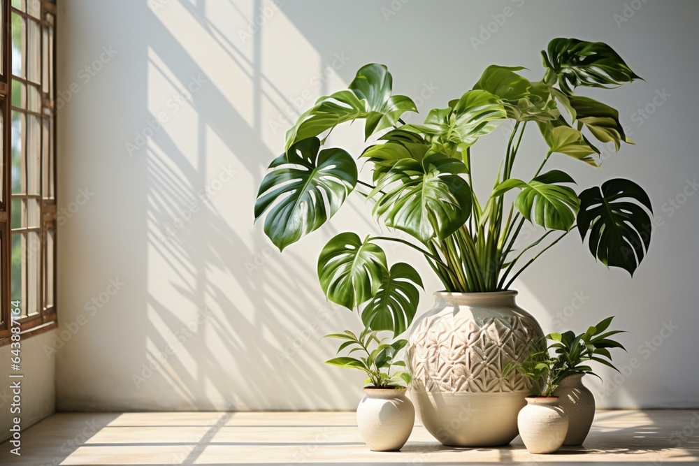 Monstera leaf in ceramic on a white background. The modern interior design of the living room is a minimal style Monstera leaf in ceramic on a white background. The modern interior design of the living room is a minimal style