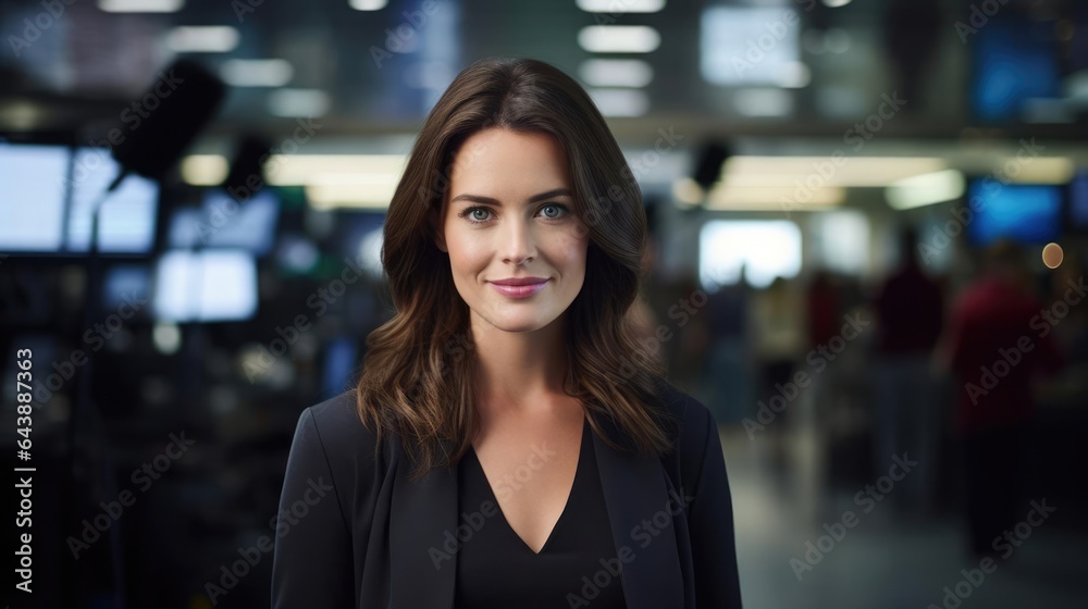 Portrait of a woman in a bustling newsroom chasing stories and conducting interviews Portrait of a woman in a bustling newsroom chasing stories and conducting interviews