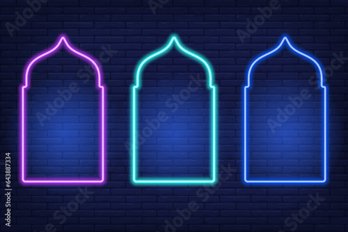 Neon Ramadan islamic frame. Vector arch shapes on dark background. Muslim door and window. Arabian bright template set.