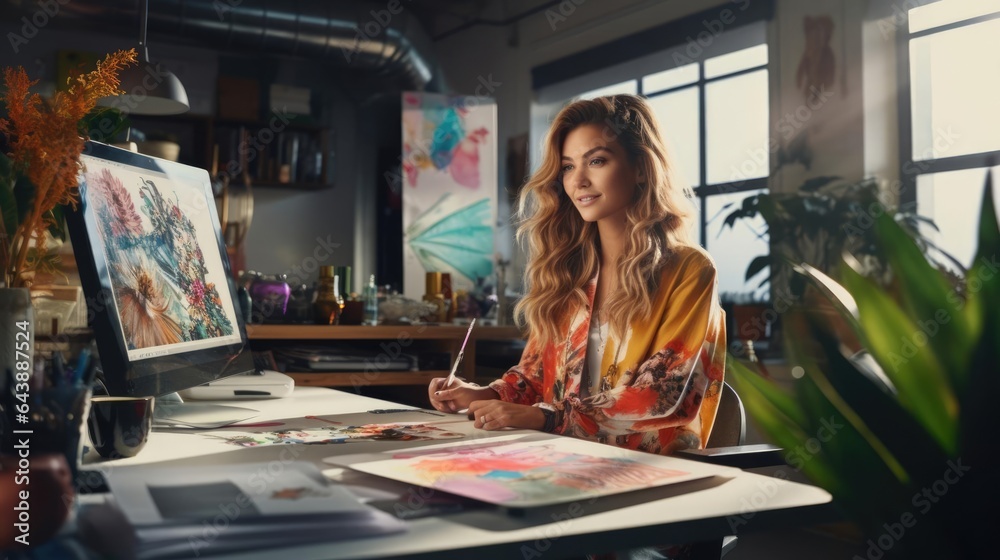 Portrait of a woman at a vibrant design studio passionately creating visually stunning artwork