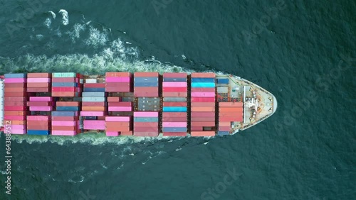 4K resolution high angle view of a container ship sailing at the sea for transportation.