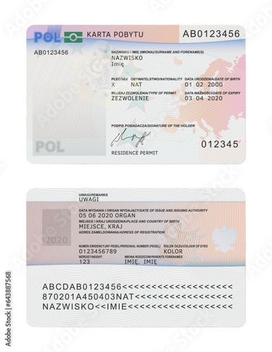 Polish residence permit card template. Blue card, document. Vector illustration. Poland