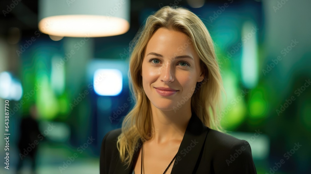 Portrait of a woman at an international renewable energy conference presenting groundbreaking biofuel innovations Portrait of a woman at an international renewable energy conference presenting groundbreaking biofuel innovations