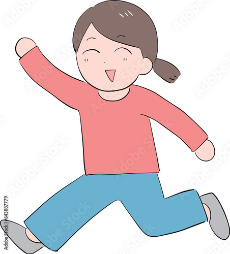 笑顔で一歩踏み出す私服の若い女性(全身)