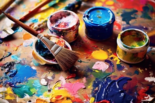 Paint brushes and palette with colorful paints on wooden table, closeup