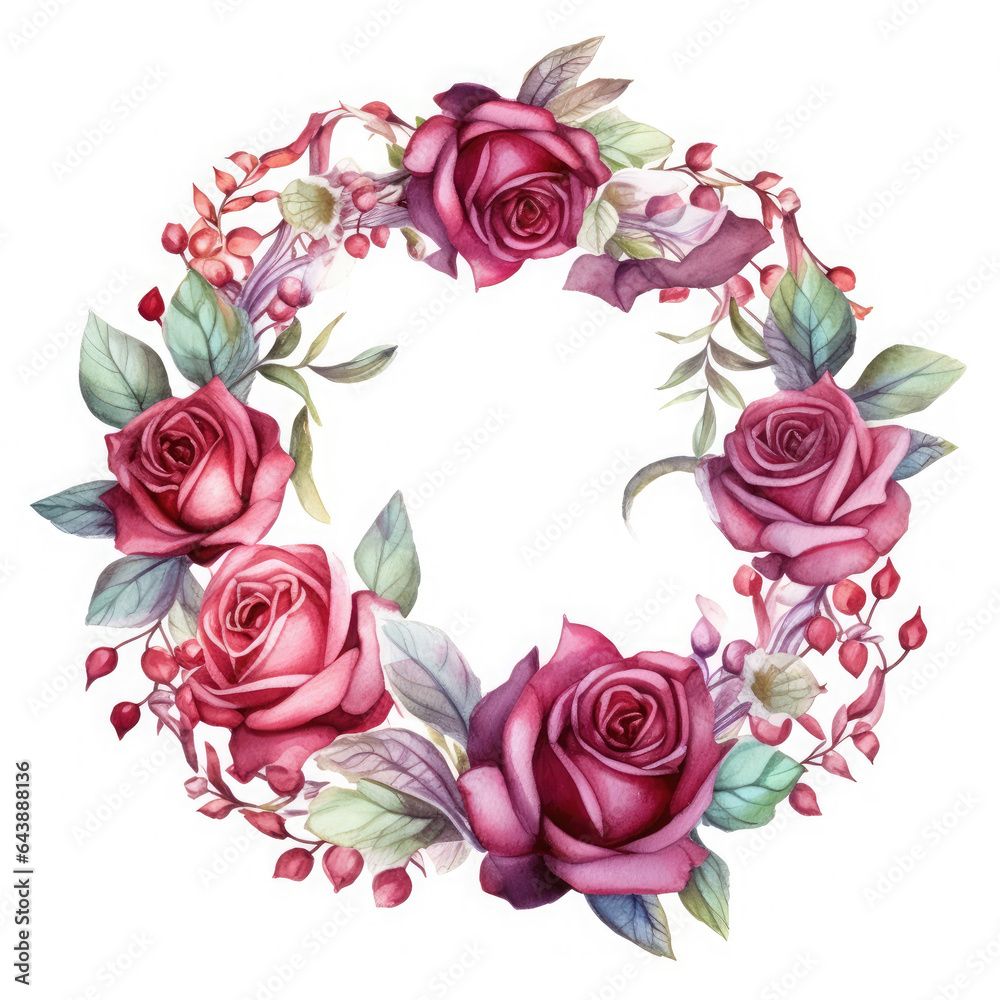 3d Illustration of Burgundy roses wreath, AI Generated