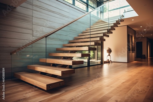 A side view of a staircase with wooden steps and a glass railing. Generative AI