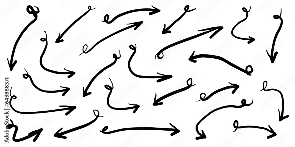 Hand drawn Arrows icons Set. arrow icon with various directions. Doodle vector illustration. isolated on a white background Hand drawn Arrows icons Set. arrow icon with various directions. Doodle vector illustration. isolated on a white background