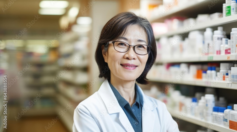 Portrait of a woman in a bustling pharmacy expertly dispensing medications
