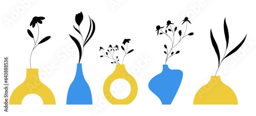 Colorful Vase Ceramic Pot with Flower and Plant on Stem Silhouette Vector Set