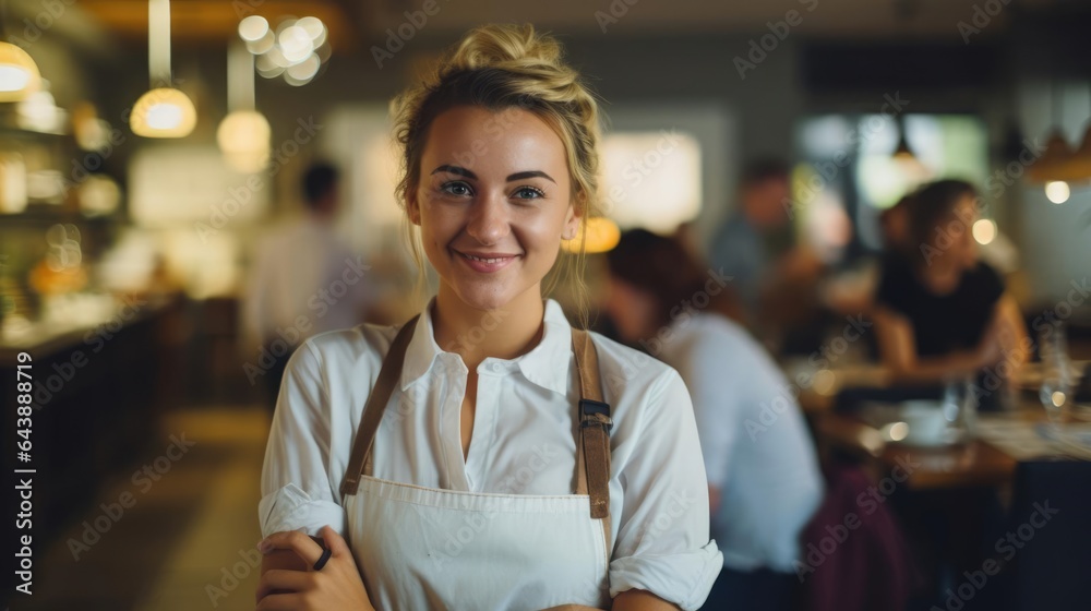 Fototapeta premium Portrait of a woman in a charming cafe managing multiple tables and providing excellent customer care