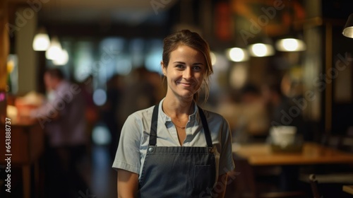 Portrait of a woman in a charming cafe managing multiple tables and providing excellent customer care