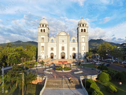 Cathedral of Suyapa painted by sunligth during sunset. 