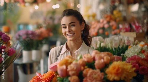 Portrait of a woman in a charming floral boutiquecrafting exquisite arrangements