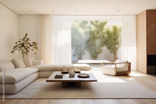 Generative ai of minimalist living room bathed in natural light with neutral colors.
