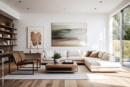 Generative ai of minimalist living room bathed in natural light with neutral colors.