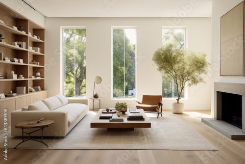 Generative ai of minimalist living room bathed in natural light with neutral colors.