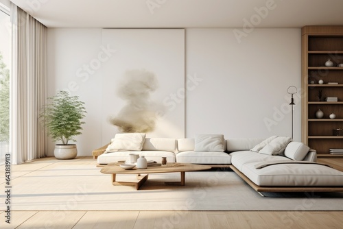 Generative ai of minimalist living room bathed in natural light with neutral colors.