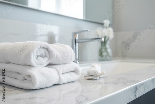 Shampoo, towels, ample space on white marble bathroom countertop. Generative AI
