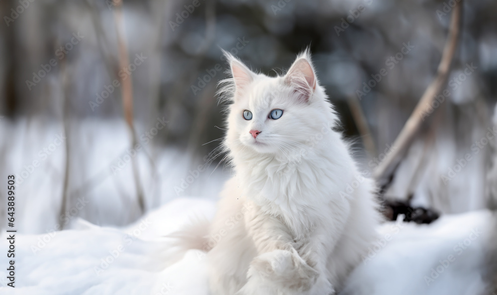 A white fluffy cat with blue eyes sits on a snowy background and looks away. animal in winter. White cat on snow