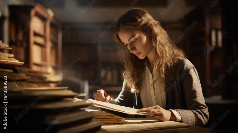 Portrait of a woman in a quiet archive meticulously studying ancient manuscripts and historical records - obrazy, fototapety, plakaty 