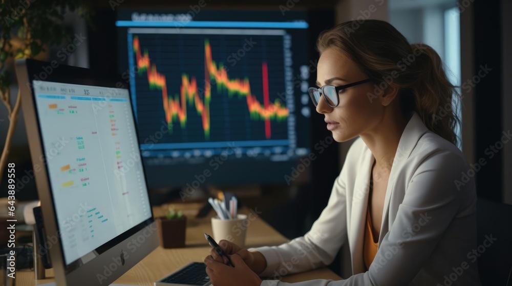 Portrait of a woman in a quiet office studying market trends and economic indicators Portrait of a woman in a quiet office studying market trends and economic indicators