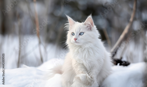 A white fluffy cat with blue eyes sits on a snowy background and looks away. animal in winter. White cat on snow © A.Chyzhevskyi