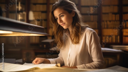 Portrait of a woman in a quiet archive meticulously studying ancient manuscripts and historical records