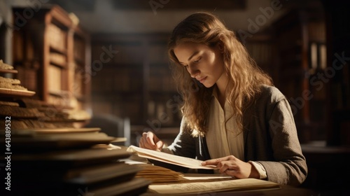 Portrait of a woman in a quiet archive meticulously studying ancient manuscripts and historical records