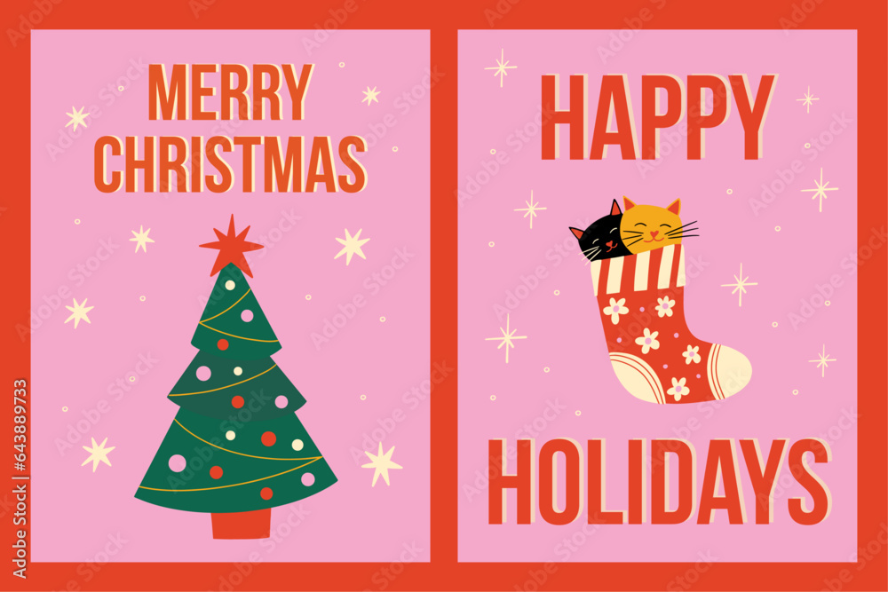 Collection of Merry Christmas tree greeting cards, Happy Holidays Xmas cat postcard, Set of Cute Christmas vector illustration with socks gifts in trendy cartoon flat style