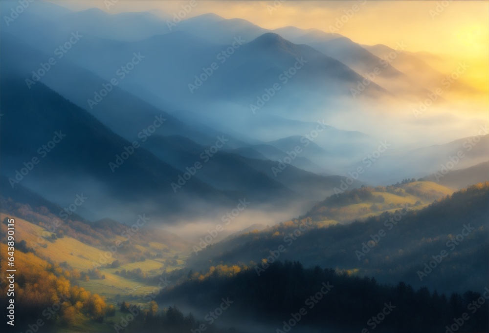 Landscape of high mountains in the early morning, fog.