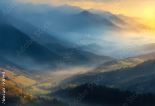 Landscape of high mountains in the early morning, fog.
