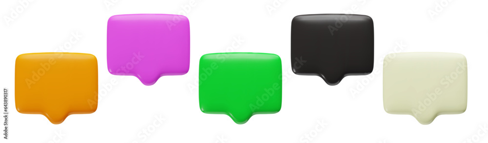 3d blank Speech Bubbles set. Three dimensional orange, purple, green, black and white chat boxes with copy space for text. Vector objects isolated on white background. 3d blank Speech Bubbles set. Three dimensional orange, purple, green, black and white chat boxes with copy space for text. Vector objects isolated on white background.