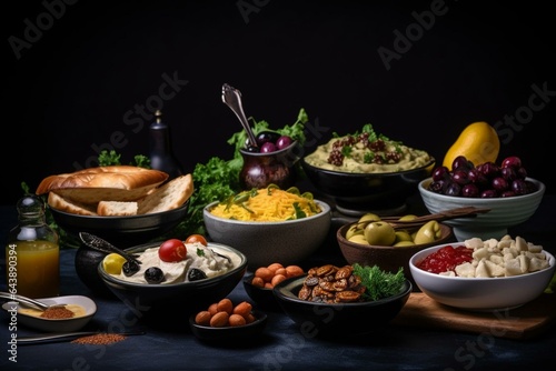 Variety of Mediterranean small dishes on a dark backdrop. Generative AI