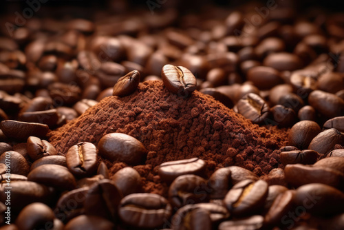 Coffee beans and ground coffee on a dark background, close up. Generative AI