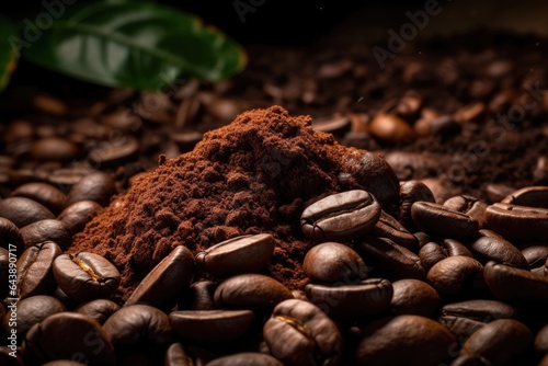 Coffee beans and ground coffee on a dark background, close up. Generative AI