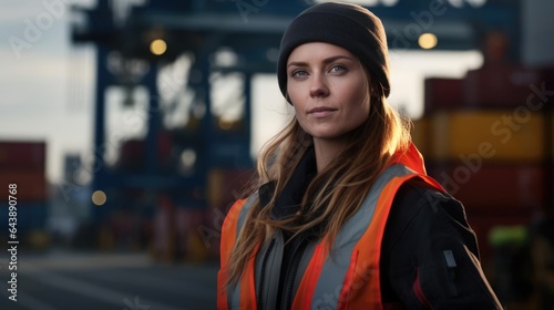 Portrait of a woman overseeing a large industrial port orchestrating the movement of shipping containers with precision