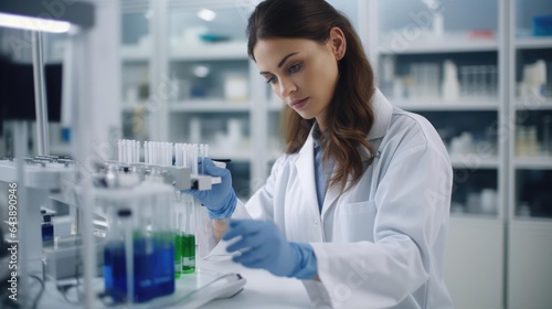 Portrait of a woman in a well-organized compounding lab meticulously preparing custom medications photo