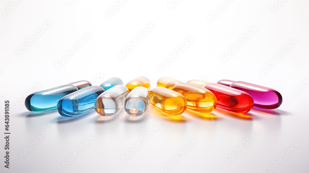 Multicolored transparent tablets on a white background	
